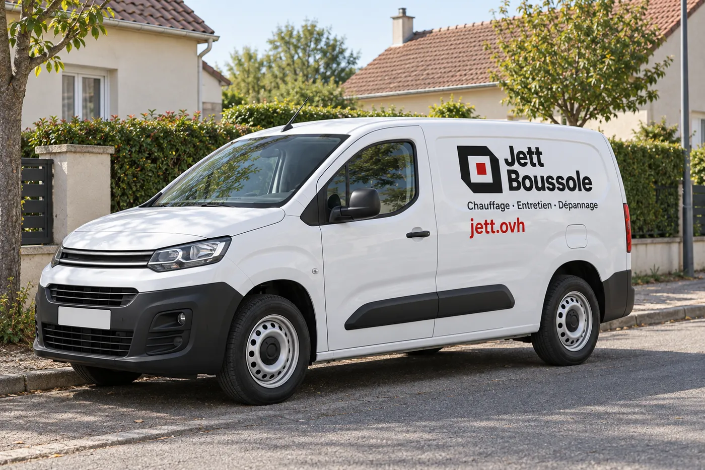 Utilitaire blanc floqué Jett Boussole et jett.ovh garé dans une rue pavillonnaire de Seine-et-Marne